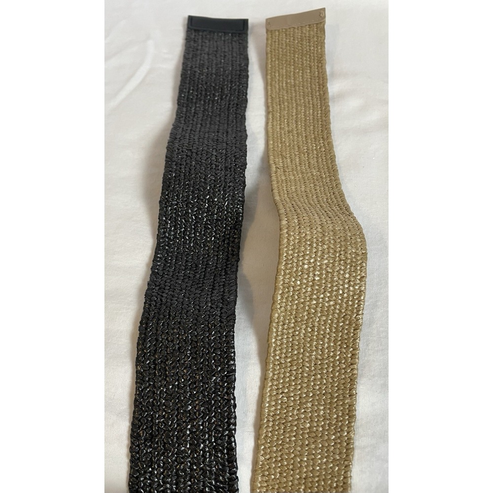 Lot Of 2 Woven Stretch Wide Belt Women's M/32 Black Beige Wooden Buckle Boho - Picture 6 of 7